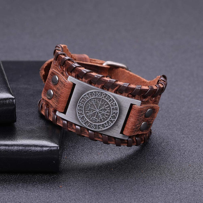HAQUIL Viking Bracelet for Men, Viking Runes Vegvisir Icelandic Compass Talisman, Nordic Brown Wide Leather Wristband, Norse Jewelry Gifts - Image 2